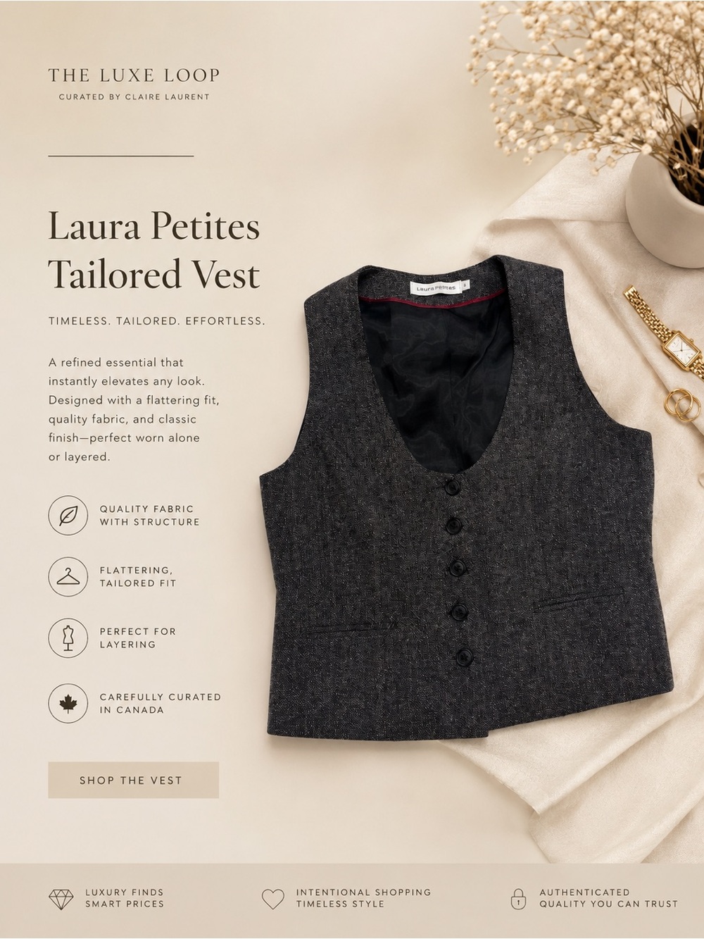 Laura Petites Tailored Vest - Charcoal Gray